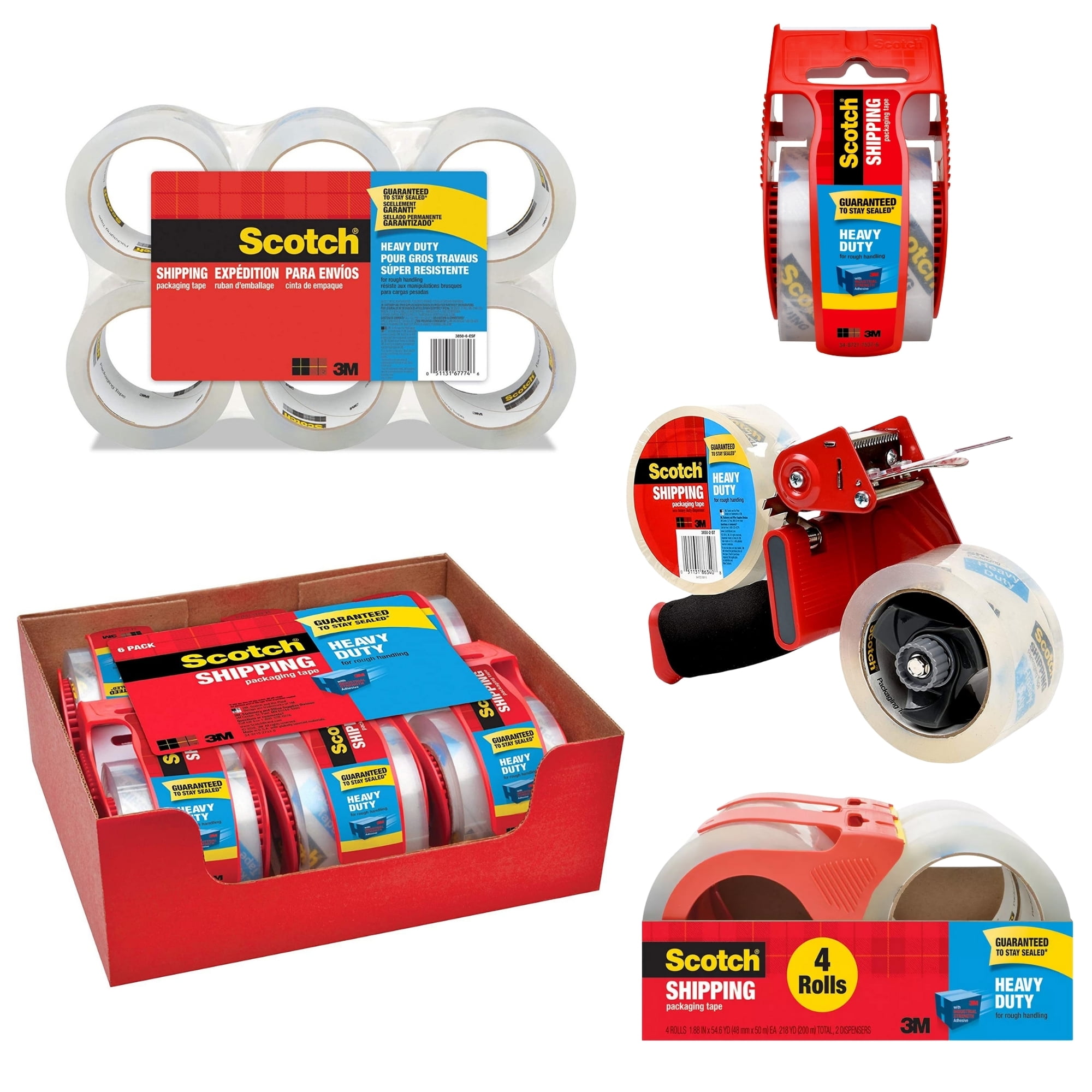 Scotch Heavy Duty Shipping Packaging Tape with Dispenser, 4 Rolls