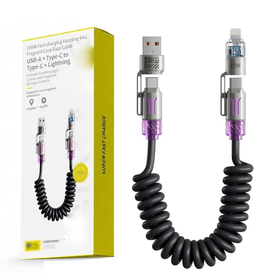 240W 4-in-1 Self-Coiling Multi Charger Cable, 6.6 ft Fast Charging & Data Cord (Black)