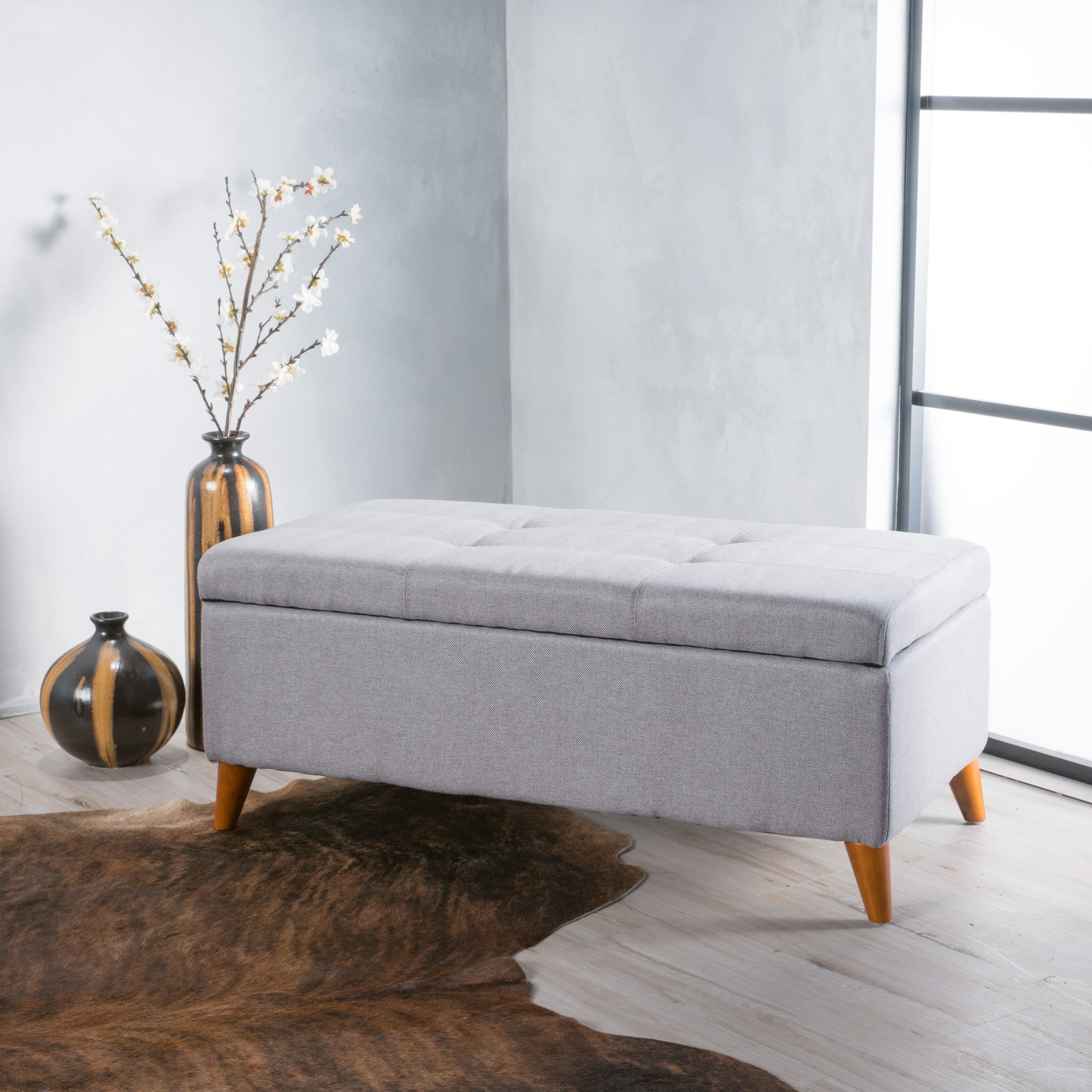 Noble House Haden Rectangular Fabric Storage Ottoman, Light Grey