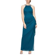 Angle View: Alex Evenings Womens Long Halter Dress, Peacock, 4