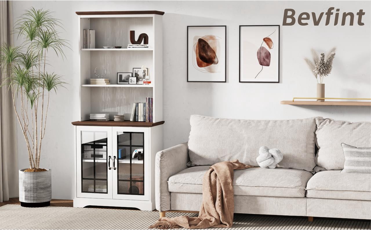 Tall Bookshelves, 5 Tiers Bookcase 72 inch Floor Standing Organizer and Storage, White Color and Brown Board Design Fits Mordern Vintage Farmhouse Decor Home Office Living Room