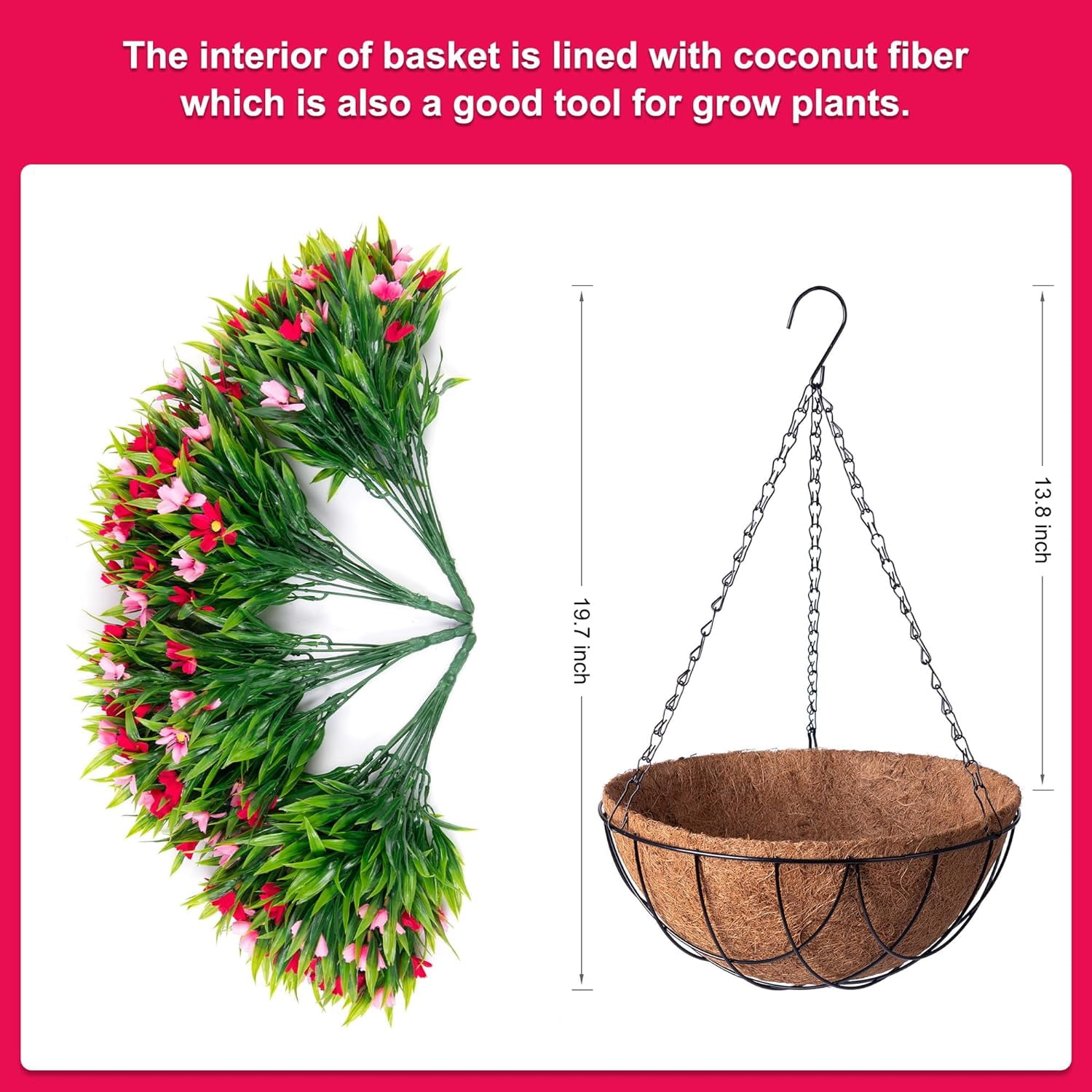 Artificial Hanging Flowers with 12" Basket for Outdoor Decor, Faux Silk Daisy Flower UV Resistant Plants Arrangements Decoration for Indoor Porch Garden Yard(Rose Red)
