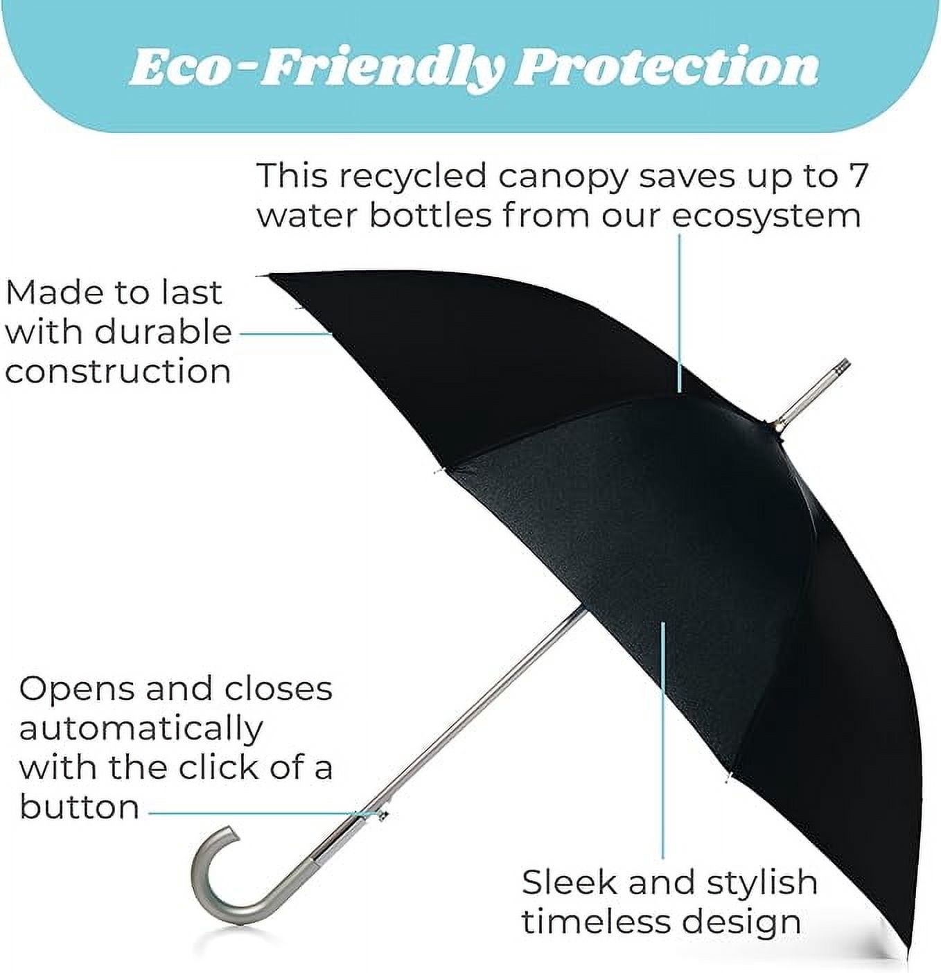 totes Large Eco Auto-Open Stick Umbrella with a Classic J Hook Curved Handle, Black, 46"