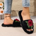 thumbnail image 3 of Women Fluffy Faux Fur Embroidery Rose Open Toe Slide Slippers Black 9-9.5, 3 of 9