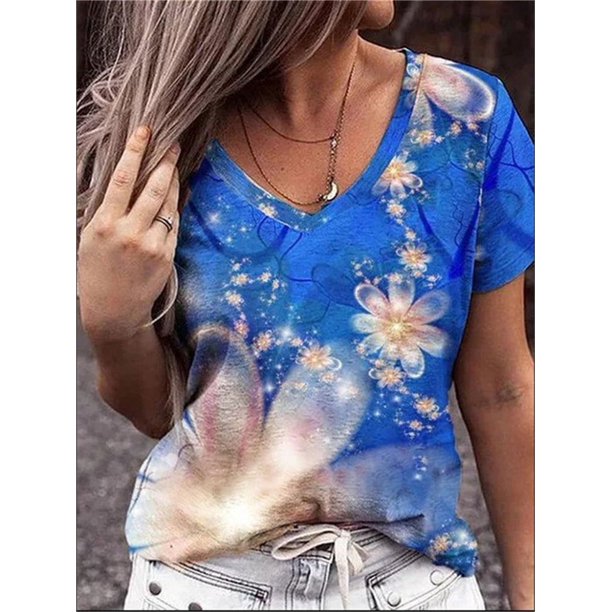 Camiseta holgada con cuello en V para mujer, Tops de manga corta con estampado Floral 3D, ropa informal para mujer 2022