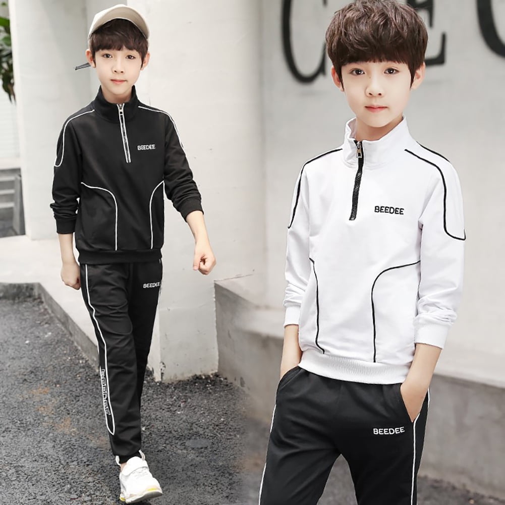 Baby Boys Sport Suit Black Long Sleeve Tops+Gray Pants Children Cotton Clothes 