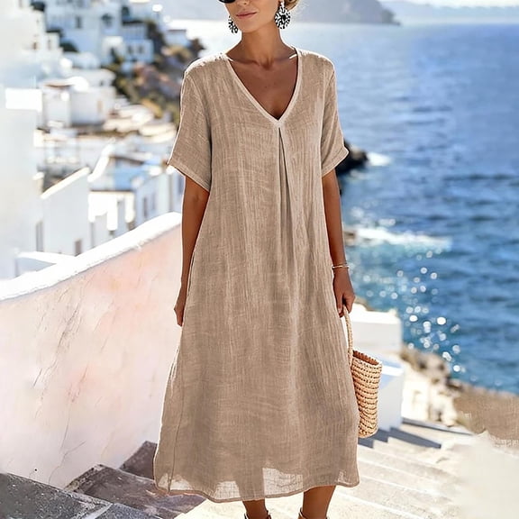 Women's Casual Short Sleeve V-Neck Pullover Dress with Pockets