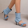 thumbnail image 5 of SACFOF Women's Peep Toe Stiletto Denim Sandals Summer Booties Lace Up Thin Heels Back Zip Tassel Pumps, 5 of 6