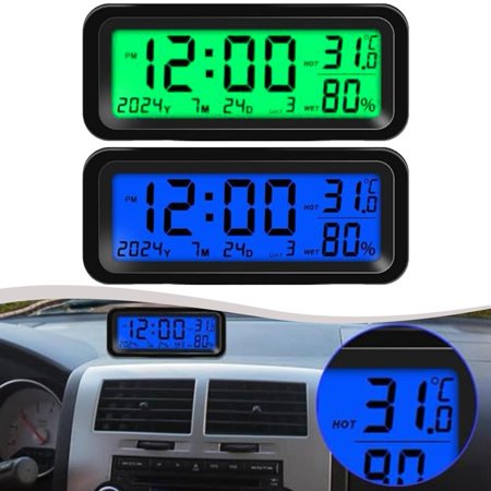 SPRING Solar Powered Mini Digital Clock for Car Dashboard with Date, Temperature Display and Auto Backlight (Blue Green)