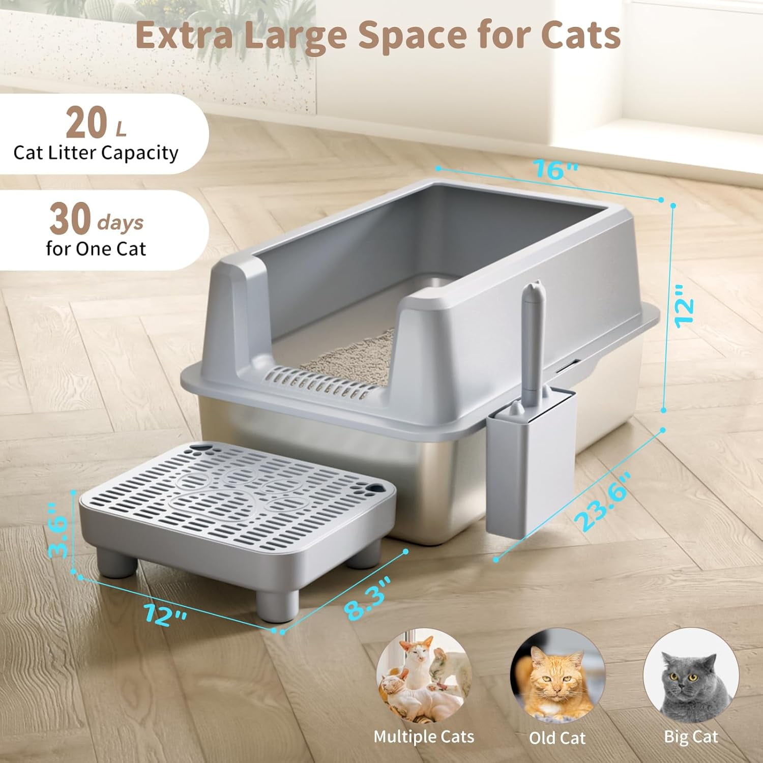 Stainless Steel Cat Litter Box with lid, Extra Large Metal Litter Box for Big Cats XL High-Sided Steel Litter Pan with Anti-Leakage Design, Odorless, Easy Clean, Includes Scoop (Gray)
