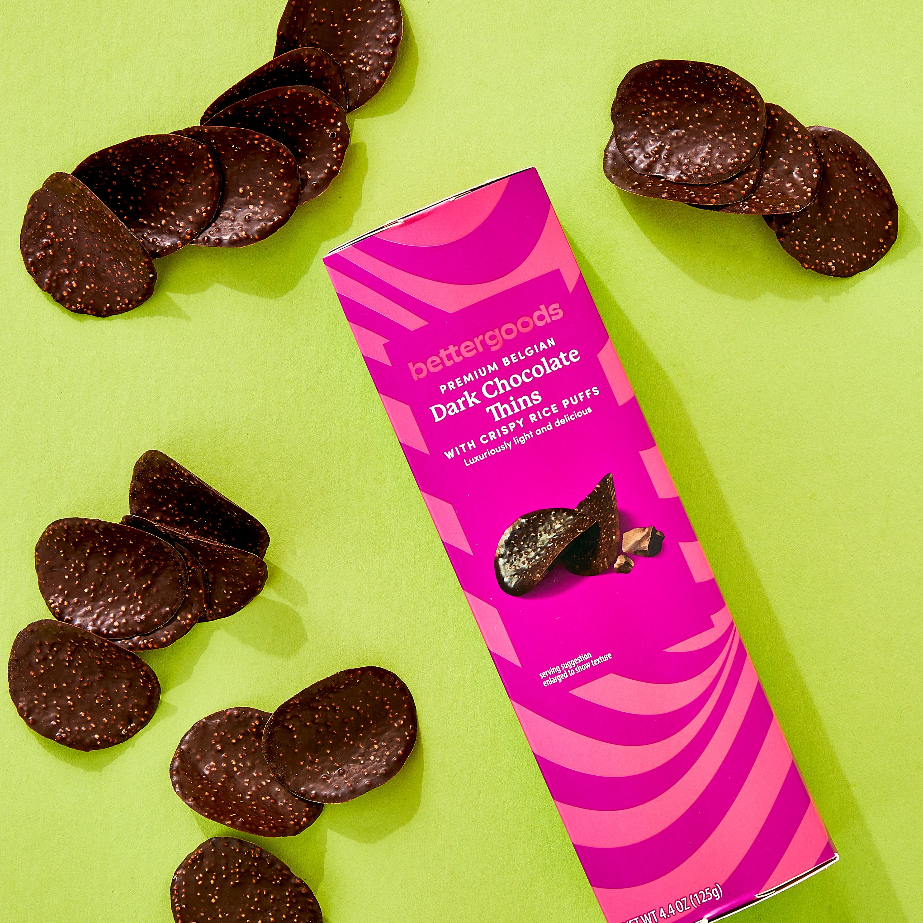 bettergoods Premium Belgian Dark Chocolate Thins with Crispy Rice Puffs, 4.4 oz