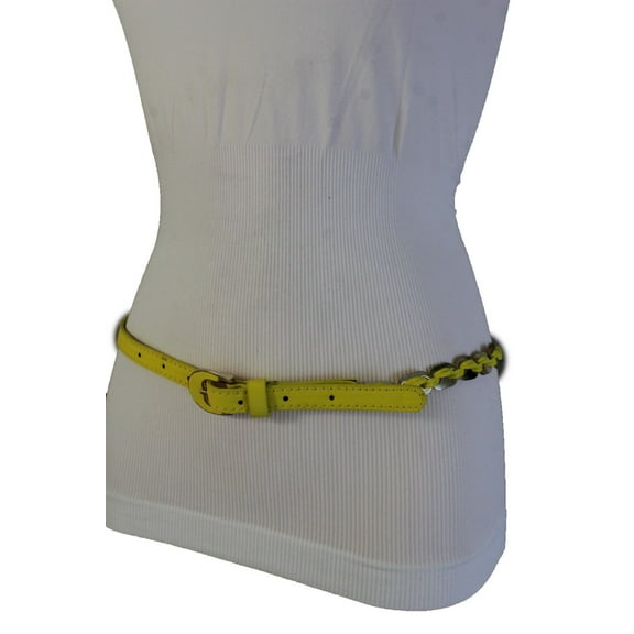 Women Fashion Yellow Skinny Faux Leather Belt Hip High Waist Gold Metal Link S M