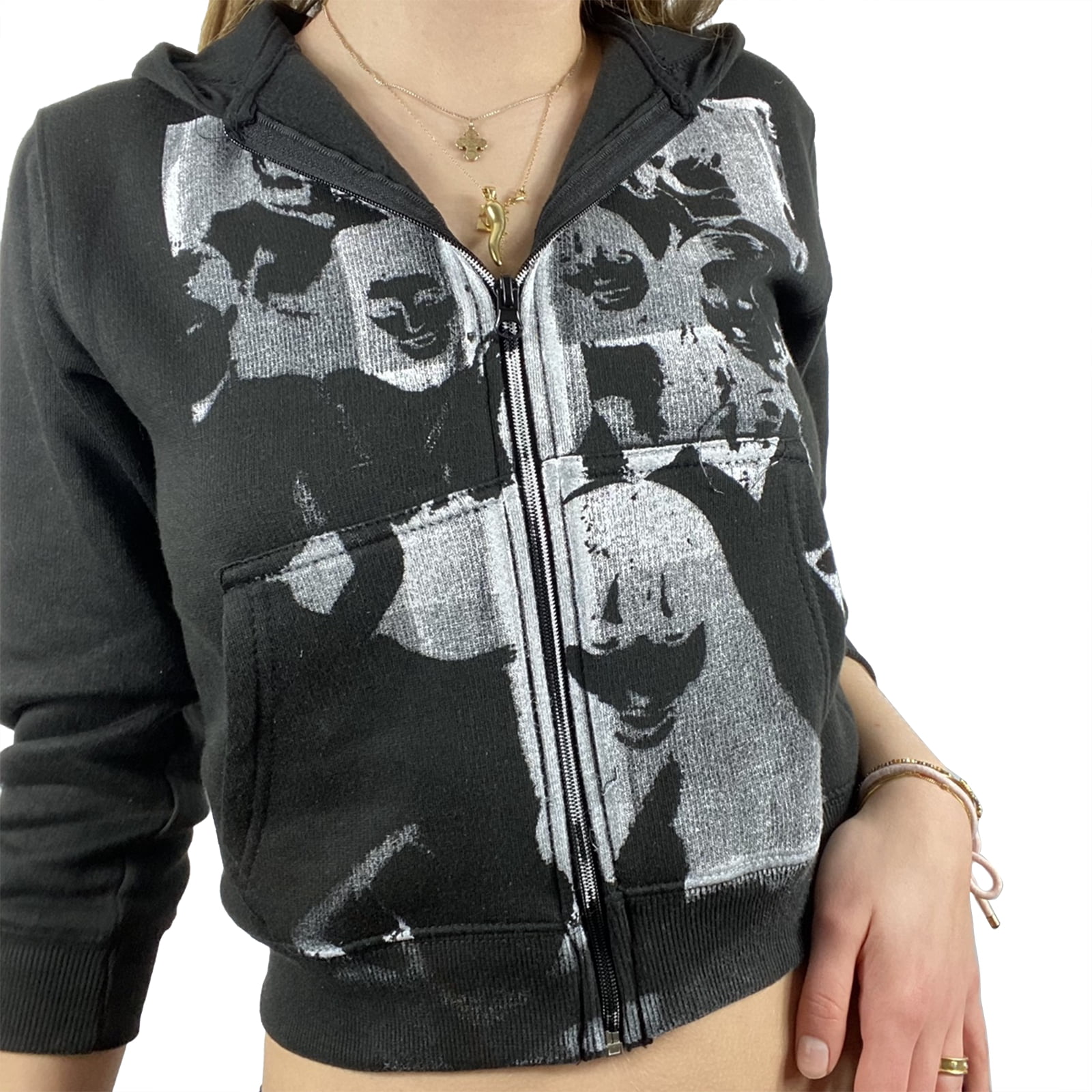 Womens Vintage Front Zip Hooded Tops Hoodie Print Long Sleeve Kangaroo Pocket Pullover Sweatshirt