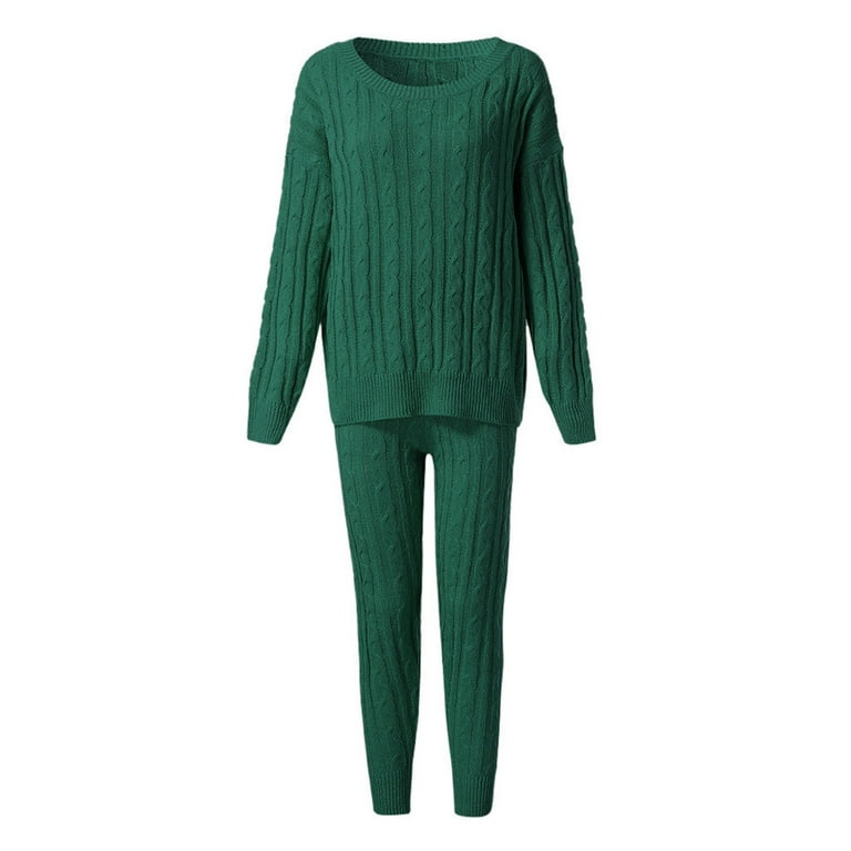 SMihono Savings Womens Solid Color Off Shoulder Long Sleeve Cable Knitted  Warm Two-Piece Long Pants Sweater Suit Set Relaxed Fit Comfy Long Pants for  Women Trendy Green 8 