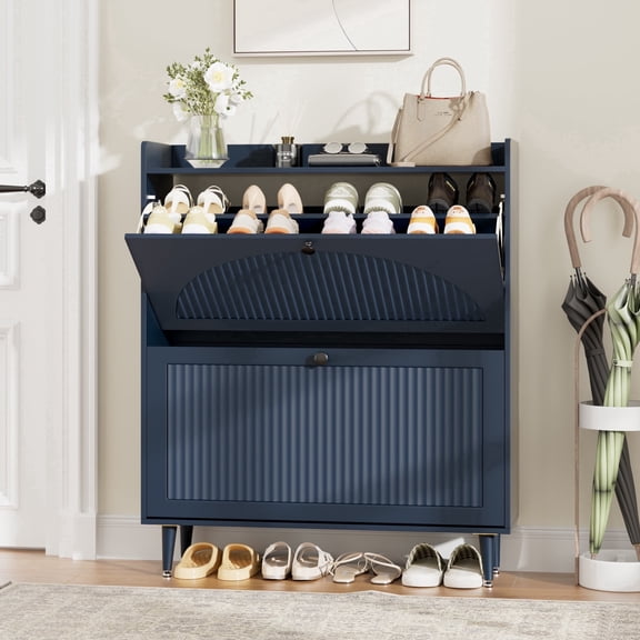 WARAYZ Blue Farmhouse Shoe Cabinet with Flip Drawers, Entryway Shoe Storage Organizer with Raised Top Shelf, Arched Fluted Design