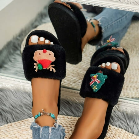 

Ovzne Womens Wide Slippers Comfy Slippers For Women Christmas Elk Autumn And Winter Warm Down Flat Bottom Indoor Flat Cotton Doll Slip On Slippers For Women