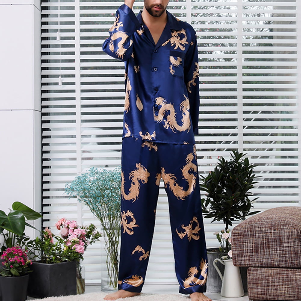 Lubelski Hommes Imitation Soie Dragon Imprime Chemise Pantalon Vetements de Nuit Pyjama Ensemble Walmart