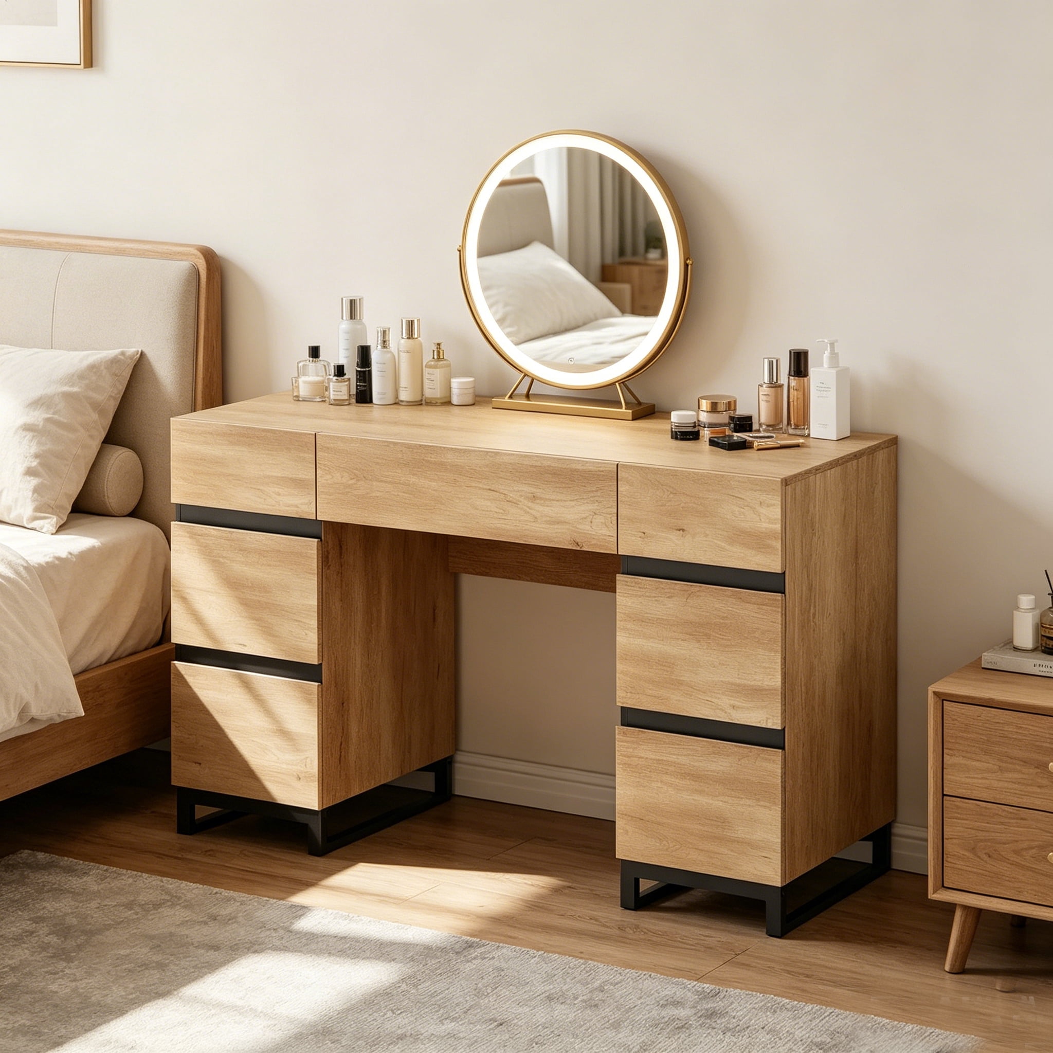 WAMPAT 59" Modern Vanity Desk, Wood Makeup Dressing Table with Charging Station,7 Deep Storage Cabinet Drawers for Bedroom Cosmetic Organization,Oak