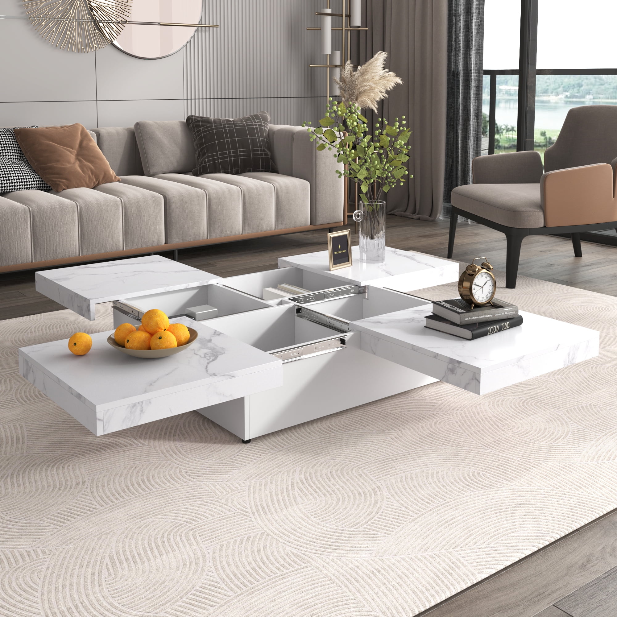 Euroco Modern Coffee Table with Sliding Top, Hidden Storage, Square Design, MDF Construction for Living Room