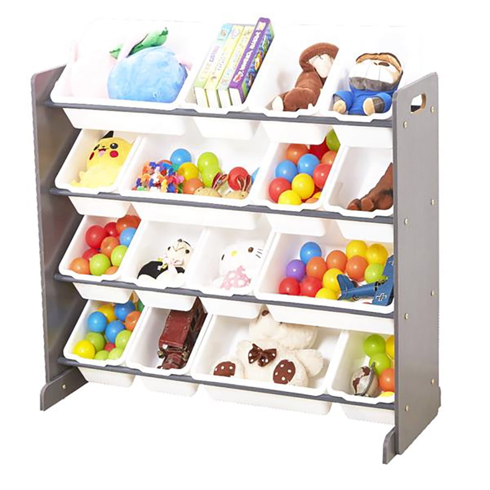 Toy Storage Organizer with 16 White Color Plastic Bins Shelf Drawer for