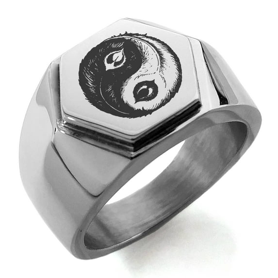 Stainless Steel Peacock Feather Yin Yang Engraved Hexagon Crest Flat Top Biker Style Polished Ring