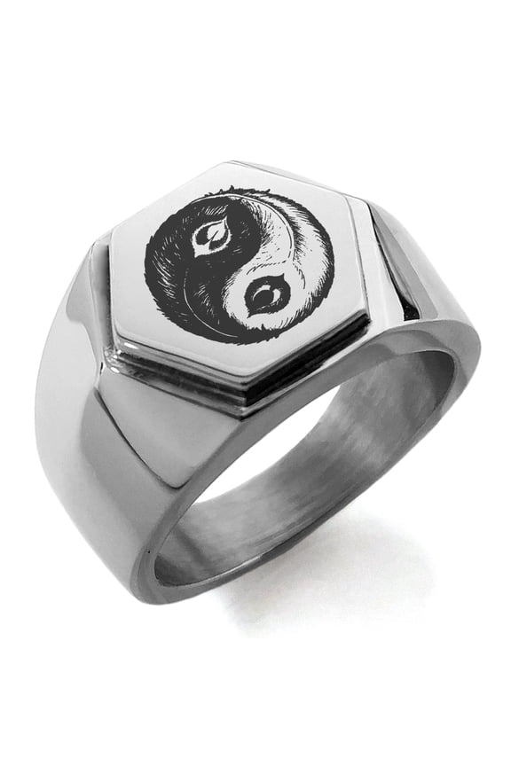 Stainless Steel Peacock Feather Yin Yang Engraved Hexagon Crest Flat Top Biker Style Polished Ring