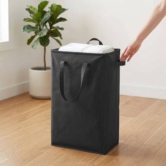 Slim Laundry Hamper Handles Collapsible Basket Thin Dirty Clothes Narrow Bag Foldable 45L ()