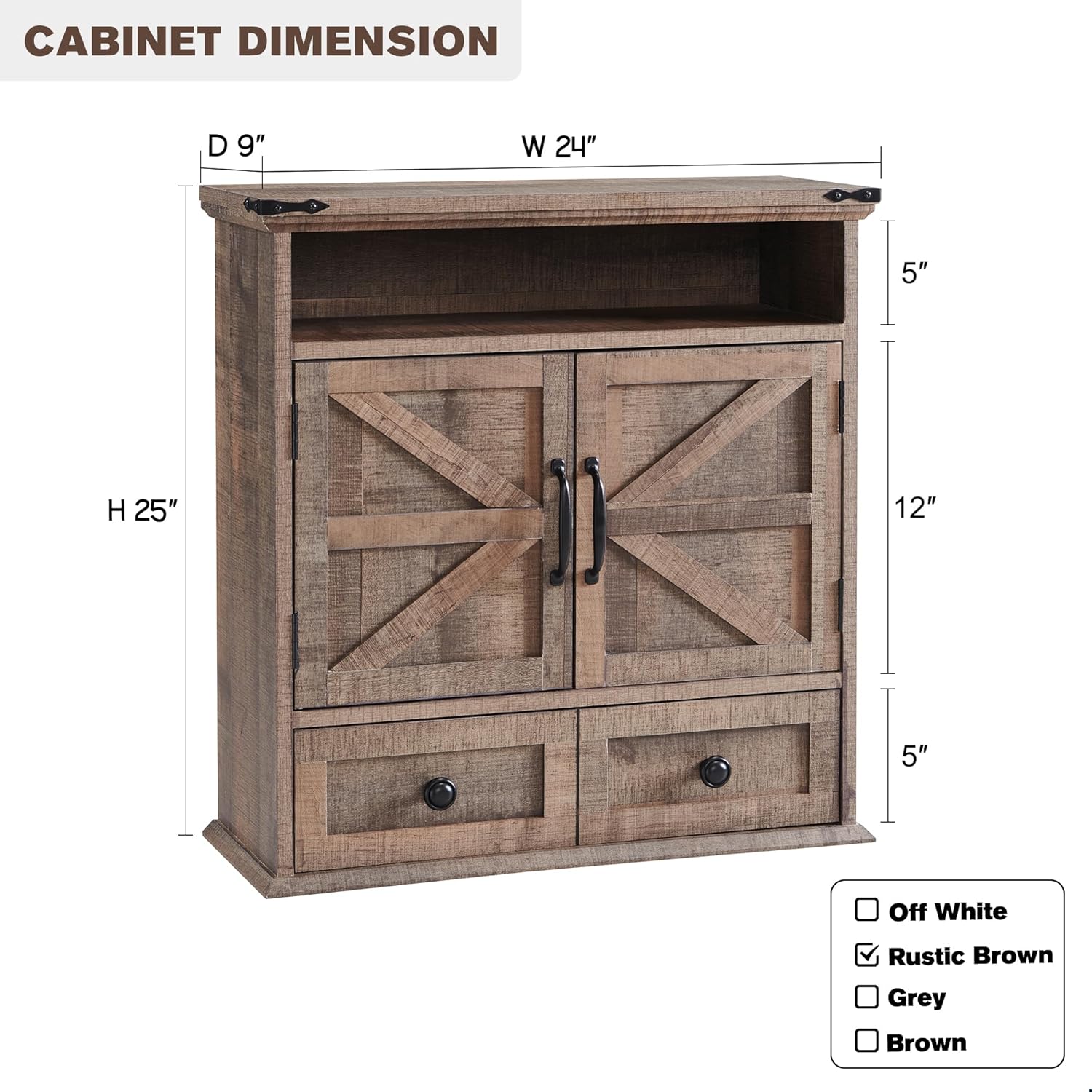 ZYPPP Bathroom Wall Cabinet, Farmhouse 24" Wide Medicine Cabinet with Drawer, Adjustable Shelf, Double Barn Doors, Storage Cabinets for Bathroom, Kitchen, Living Room, Rustic Brown