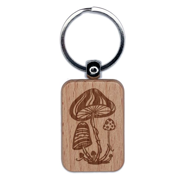 Trippy Toadstool Mushrooms Rectangle Keychain Charm Tag - Engraved Wood