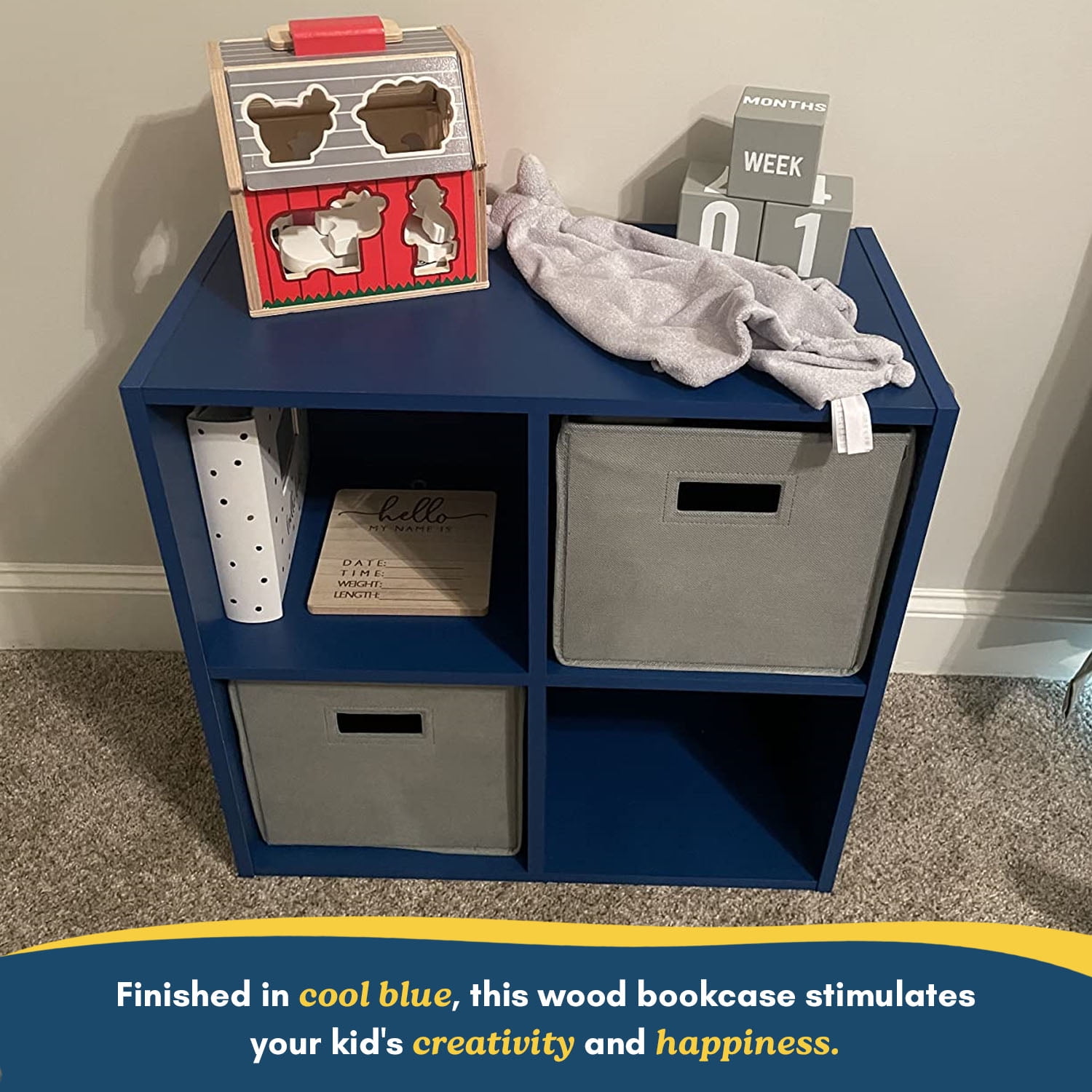 Kings Brand Furniture - 4 Cube Storage Organizer Book Shelf, Toy Storage Organizer for Playroom, Bedroom, Nursery School, Blue