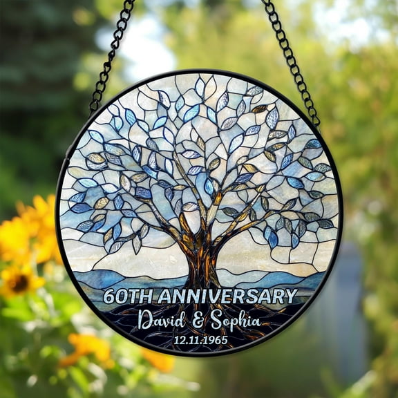 Personalized 60th Wedding Anniversary Suncatcher, Faux Stained-Glass Window Keepsake, Diamond Anniversary Gift