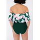 thumbnail image 1 of ABPHQTO Bañador de una pieza con superposición de volantes y hombros descubiertos estampado verde para mujer, 1 of 5