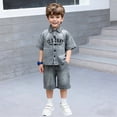 thumbnail image 2 of Bysome Boys Outfit Set Letter Print Short Sleeve Lapel Neck T-Shirts With Solid Color Shorts Set Breathable Boys Outfit Size 3-4 Years Grey, 2 of 5
