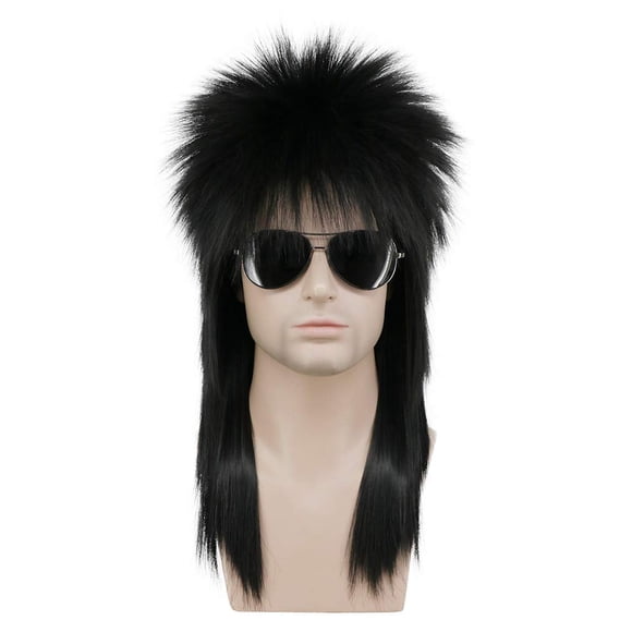 Karlery Hombres Mujeres Peluca Larga Recta Negra Años 70 80s Heavy Metal Rocker Peluca Disco Mullet Peluca