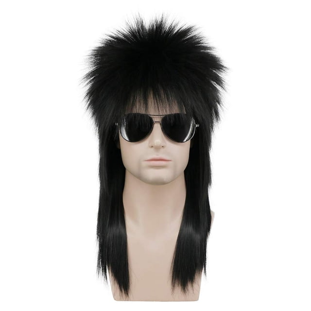 Karlery Hombres Mujeres Peluca Larga Recta Negra Años 70 80s Heavy Metal Rocker Peluca Disco Mullet Peluca