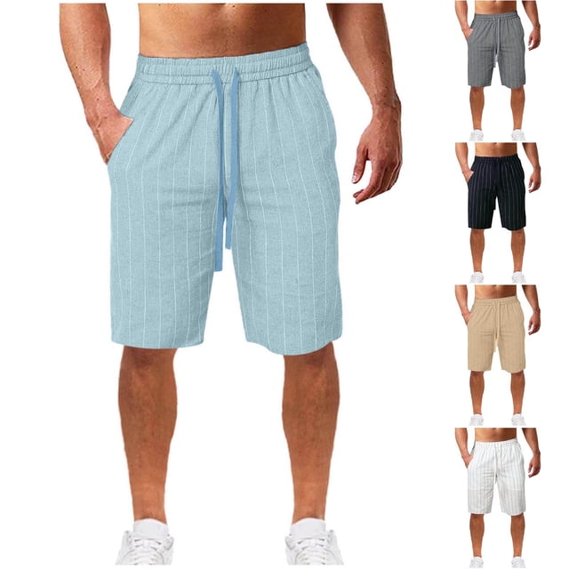 JDQJBZ Men's Casual Linen Shorts Stripe Print Drawstring Pocket 5 Inch Summer Shorts