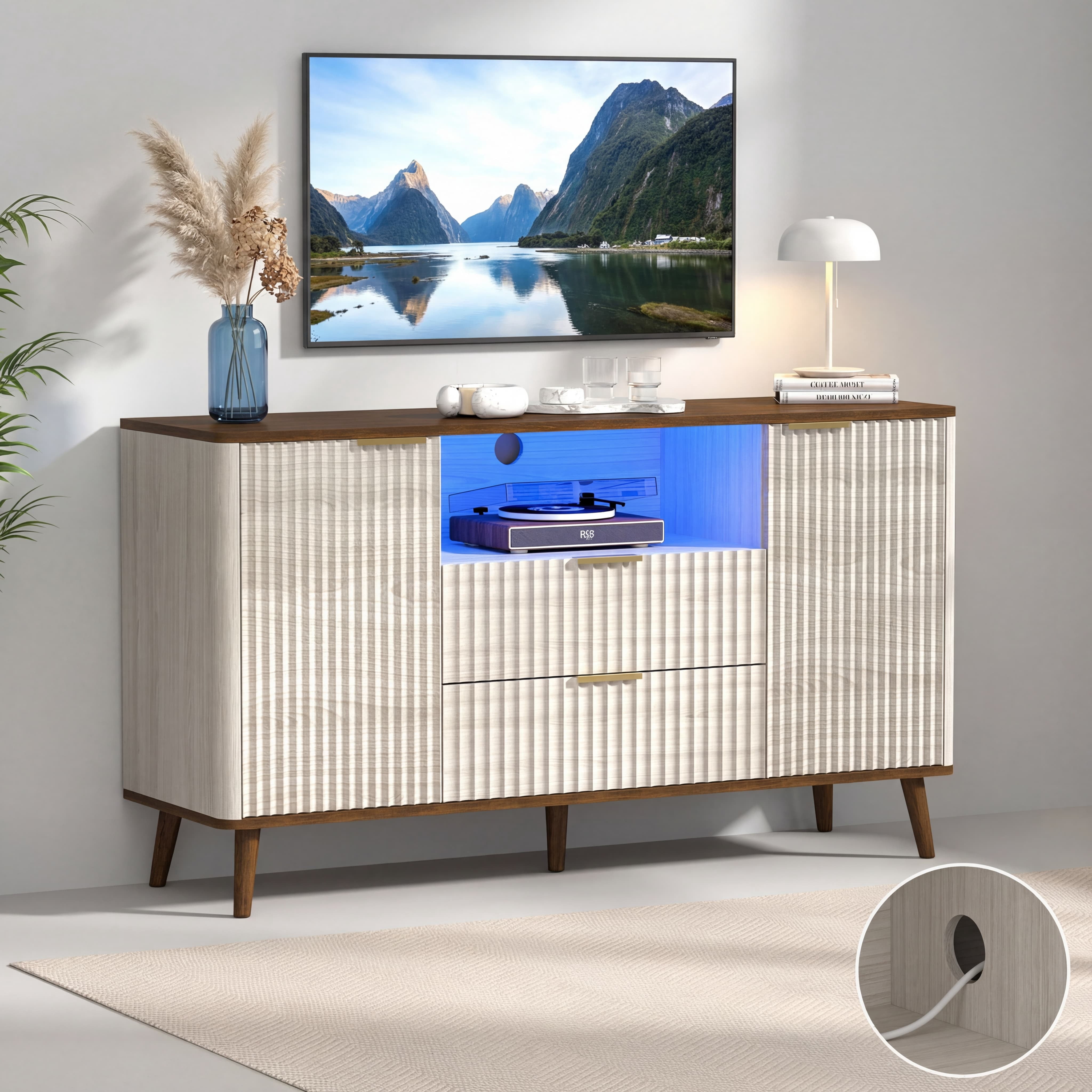 TrumanPick 55.3" Fluted TV Stand with LED Lights, Mid-Century Wood Entertainment Center for 65 Inch TVs, Beige&Walnut