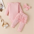 thumbnail image 4 of URMAGIC Newborn Baby Girl Clothes Infant Girls Outfits Ribbed Ruffled Long Sleeve Romper Bodysuit Pants Headband Set 0-18 Months, 4 of 10
