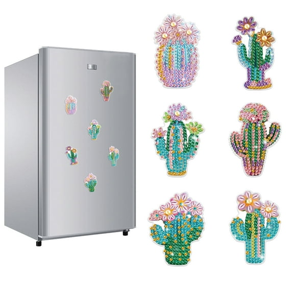 6pcs Diamond Painting Kit Fridge Magnets Cactus DIY Glitter Magnetic Stickers Creative Handmade Fridge Decor Perfect for Kitchen Decor and Holiday Gifts