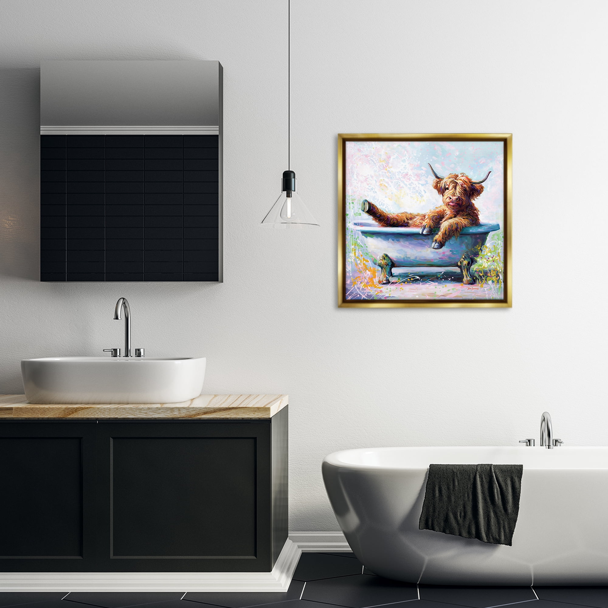Stupell Industries Splashing Baby Cow Typography Painting Gold Floater Framed Canvas Art Print Wall Art, 25 x 25