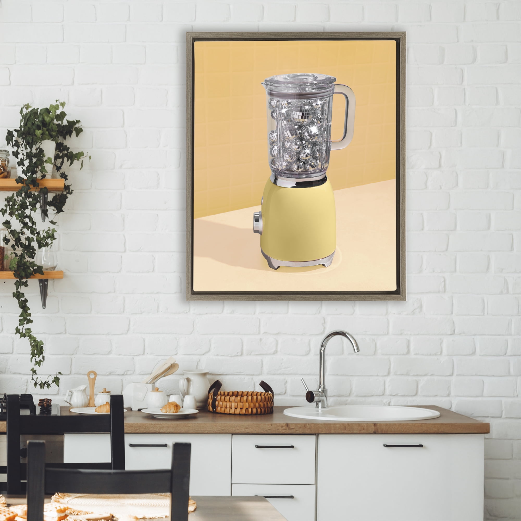 Stupell Industries Disco Drink Blender over Yellow Brown Framed Floater Canvas Wall Art, design by LISH Creative