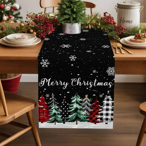 Abstract Leopard Print Christmas Tree Table Runner 13x60in Non-Slip Cotton Linen Table Runners, Winter Snowflake Dresser Scarves TableRunner for Dinner Kitchen Dining Wedding Party