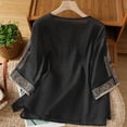 thumbnail image 4 of DeHolifer T-Shirts for Women Cotton Linen 3/4 Sleeve Embroidered Retro Printed Crewneck Casual Loose Blouse Black 2XL, 4 of 8