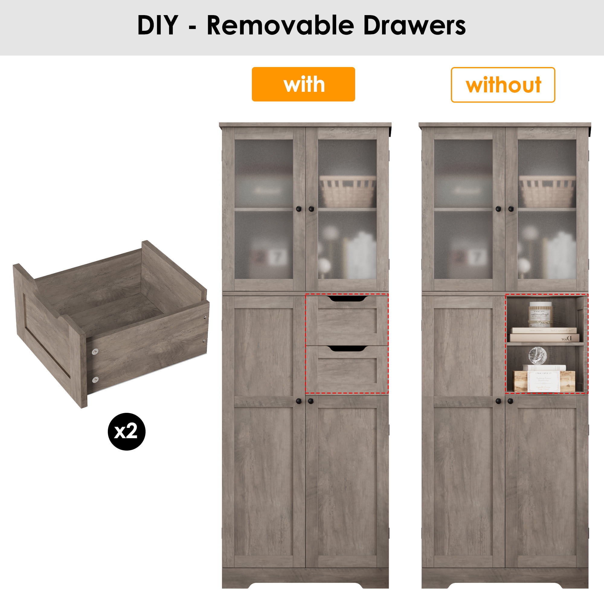 Homfa 67"H Bathroom Cabinet, Linen Cabinet with Doors and Drawers, Kitchen Cupboard, Wash Gray