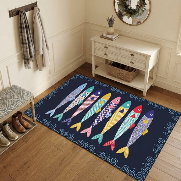 Area Rugs 3'x5', Navy Blue Fish Coastal Carpet Runner Indoor Outdoor Rugs Home Decor Aesthetic, Nautical Summer Ocean Sea Non Slip Mats Washable Accent Rug for Living Room Bedroom