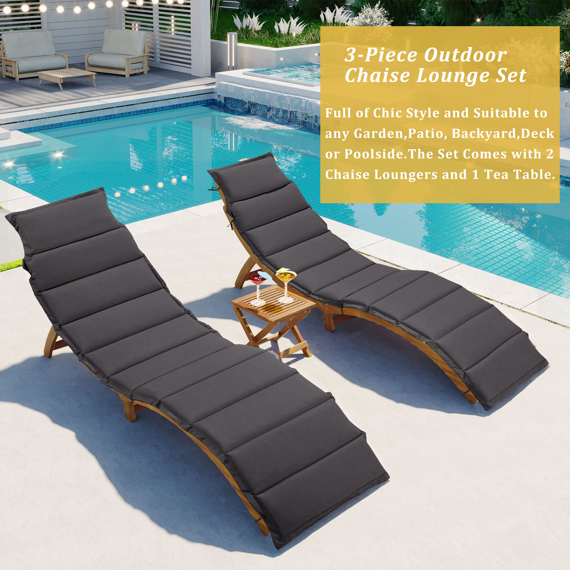 3 Pieces Outdoor Chaise Lounge Set, Wood Patio Furniture Set Extended, 2 Foldable Chaise Lounge Chair with 1 Table, Sun Lounger for Poolside Beach Patio, Brown Lounger + Gray Cushion - image 3 of 9