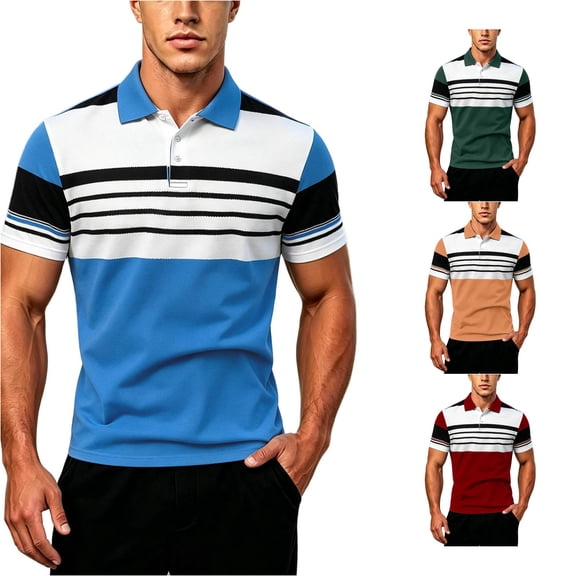 JAJAHO Polo Shirts For Men Color Block Striped Summer Breathable Moisture Wicking Short Sleeve Workout Golf Shirts Versatile Tops