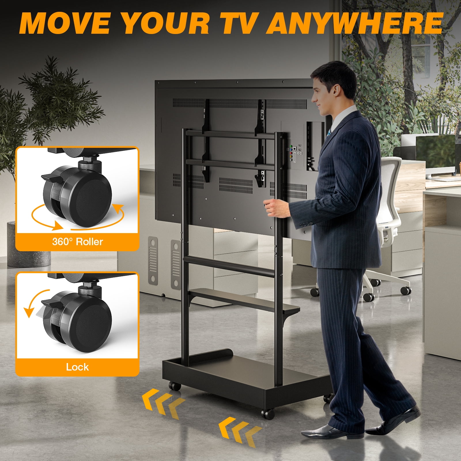RTVR Modern Rolling TV Stand for 40-86 inch TVs, with 4 Universal Silent 360° Caster Wheels & Storage Shelf, Black