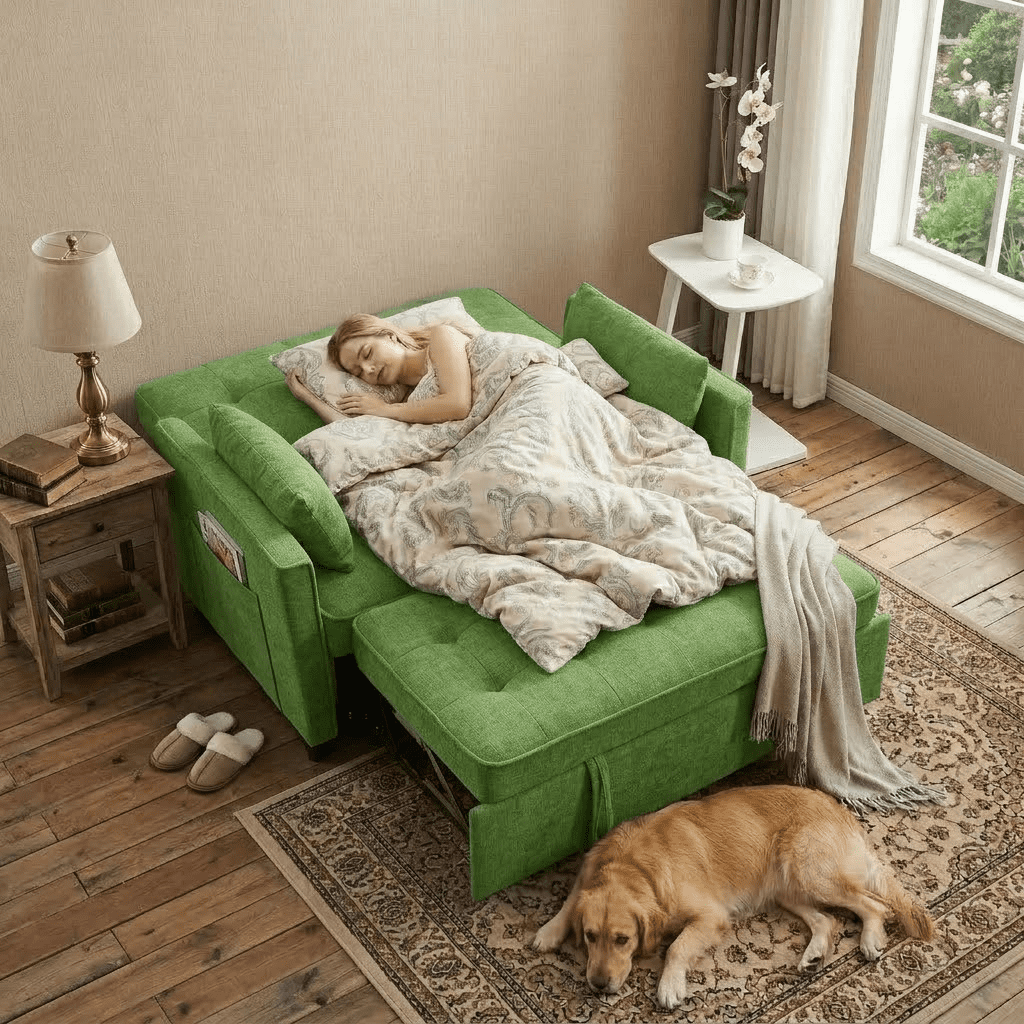 Howcool 55" Sleeper Sofa Bed, 3-in-1 Pull Out Convertible Loveseat Couch with 5-Level Adjustable Backrest, USB Port & Side Pocket, Terry Fabric Sofa for Living Room, Bedroom & Small Spaces,Green