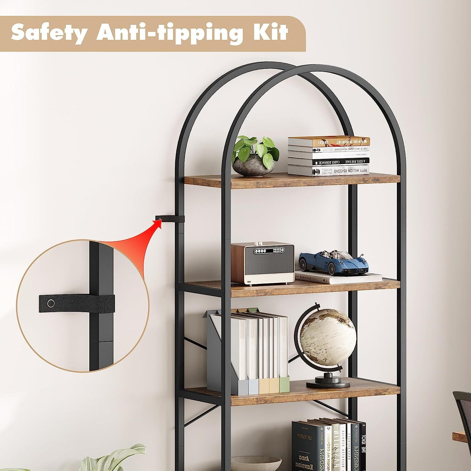 Yesfashion Bookshelf 5 Tier Bookcase Arched Display Racks Tall Standing Bookshelves Mental Frame Rustic Storage Rack Shelf Brown Book Shelf for Bedroom, Living Room, Home Office, Rustic Brown